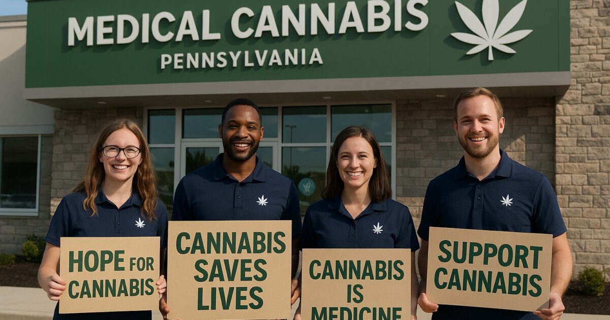 Cannabisarbetare firar utanför ett apotek i Pennsylvania efter att ha vunnit ett nytt kontrakt