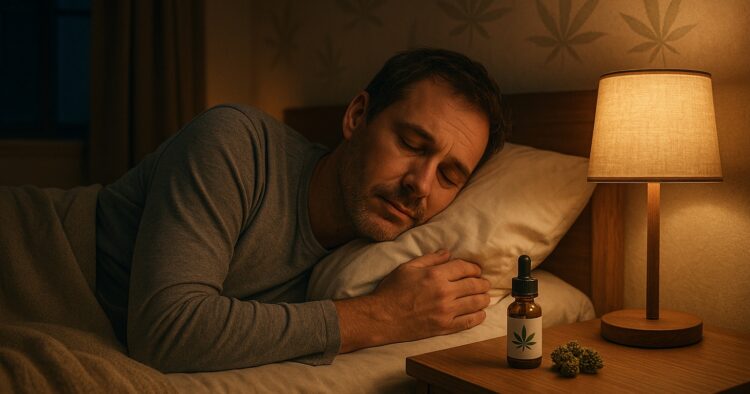 En orolig vuxen som sover lugnt i ett lugnt sovrum med medicinsk cannabis i närheten