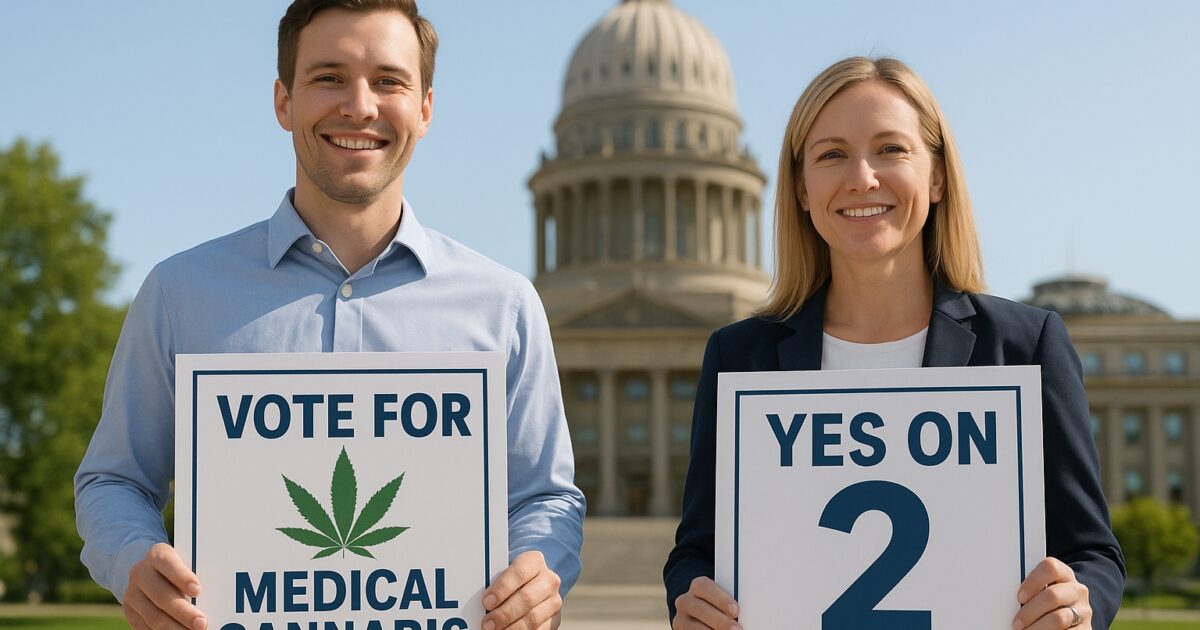 Idahos kampanj för medicinsk cannabisomröstning med ett subtilt cannabisblad och huvudstad i bakgrunden