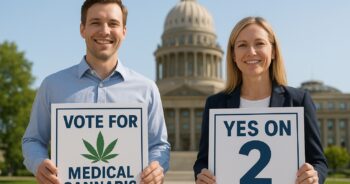 Idahos kampanj för medicinsk cannabisomröstning med ett subtilt cannabisblad och huvudstad i bakgrunden