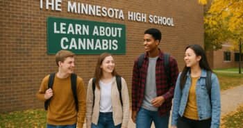 Elever från Minnesota går nära en skola medan meddelanden om förebyggande av cannabis visas i bakgrunden