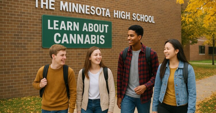 Elever från Minnesota går nära en skola medan meddelanden om förebyggande av cannabis visas i bakgrunden