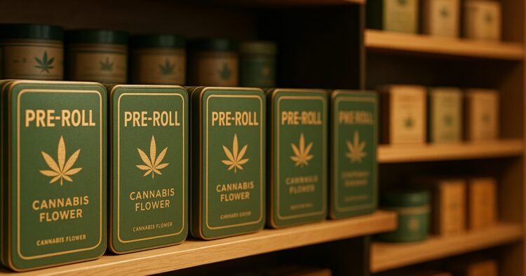Cannabis pre-rolls i snygga förpackningar på en butikshylla i USA