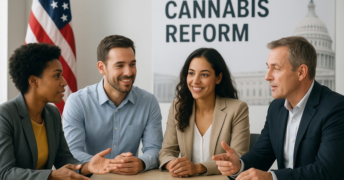 Amerikaner som diskuterar cannabislegalisering med USA-flagga i bakgrunden