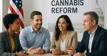 Amerikaner som diskuterar cannabislegalisering med USA-flagga i bakgrunden