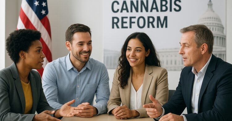 Amerikaner som diskuterar cannabislegalisering med USA-flagga i bakgrunden