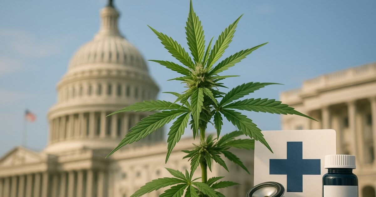 Amerikansk kongress, cannabisplanta och medicinska symboler i en nyhetsillustration