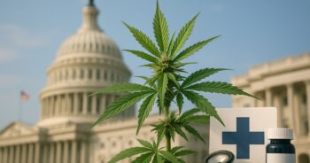 Amerikansk kongress, cannabisplanta och medicinska symboler i en nyhetsillustration