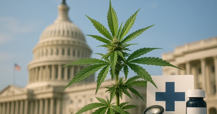 Amerikansk kongress, cannabisplanta och medicinska symboler i en nyhetsillustration