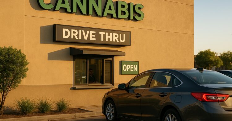 Cannabisbutik i Kalifornien med drive-thru och bil vid beställningsfönster