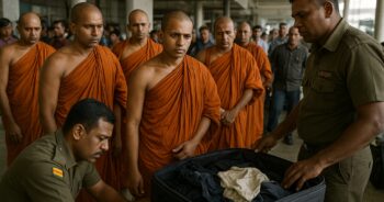 Tulltjänstemän undersöker bagage vid en flygplats i Sri Lanka