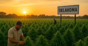 Licensierad cannabisodling i Oklahoma med gröna fält och soluppgång