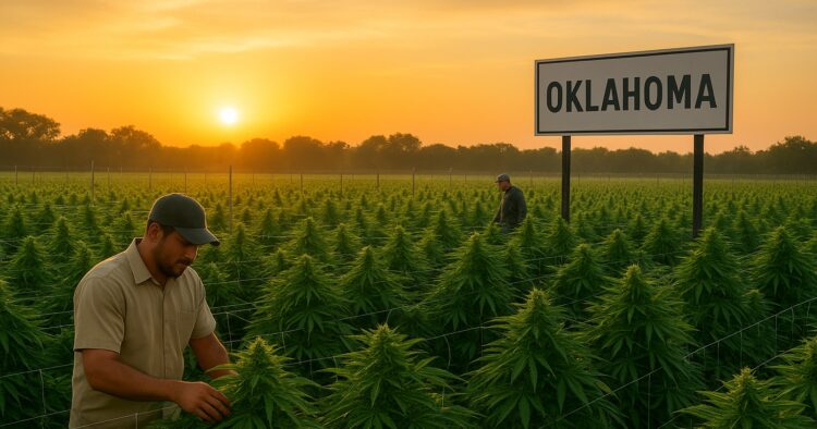 Licensierad cannabisodling i Oklahoma med gröna fält och soluppgång