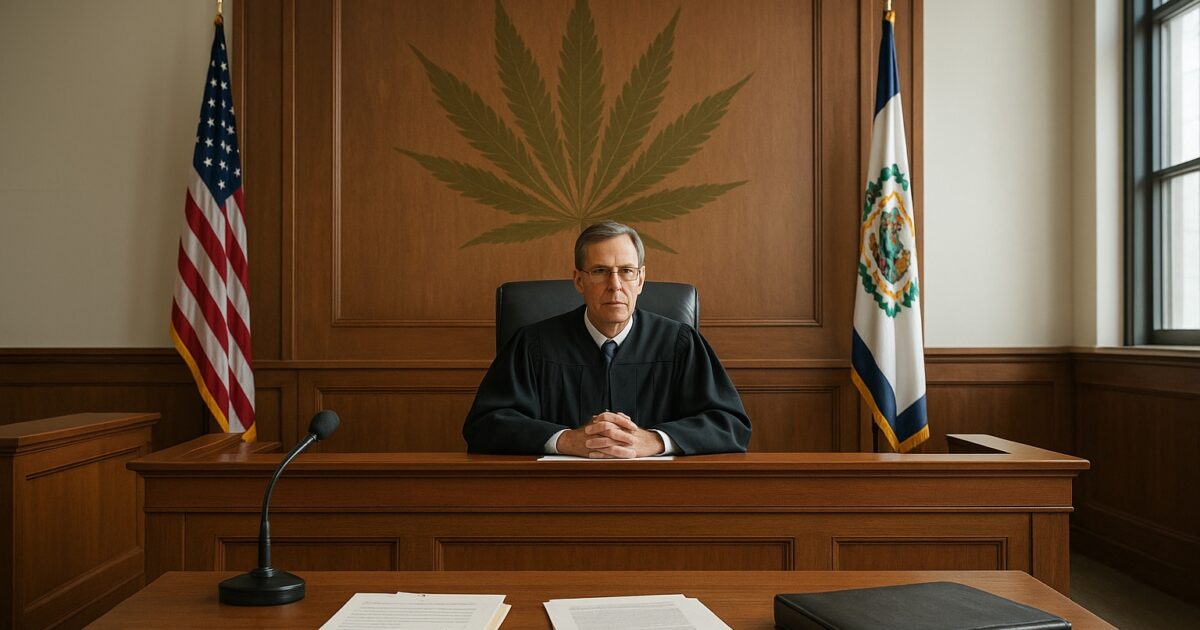 Domstolsscen med fokus på cannabis och juridik