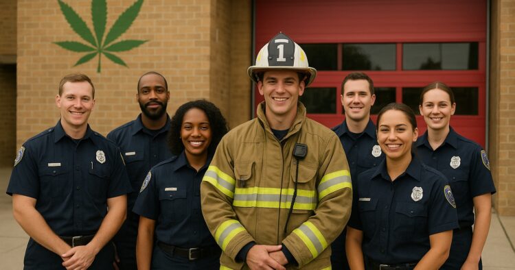 Brandmän och ambulanspersonal utanför en station med diskret cannabis-symbolik.