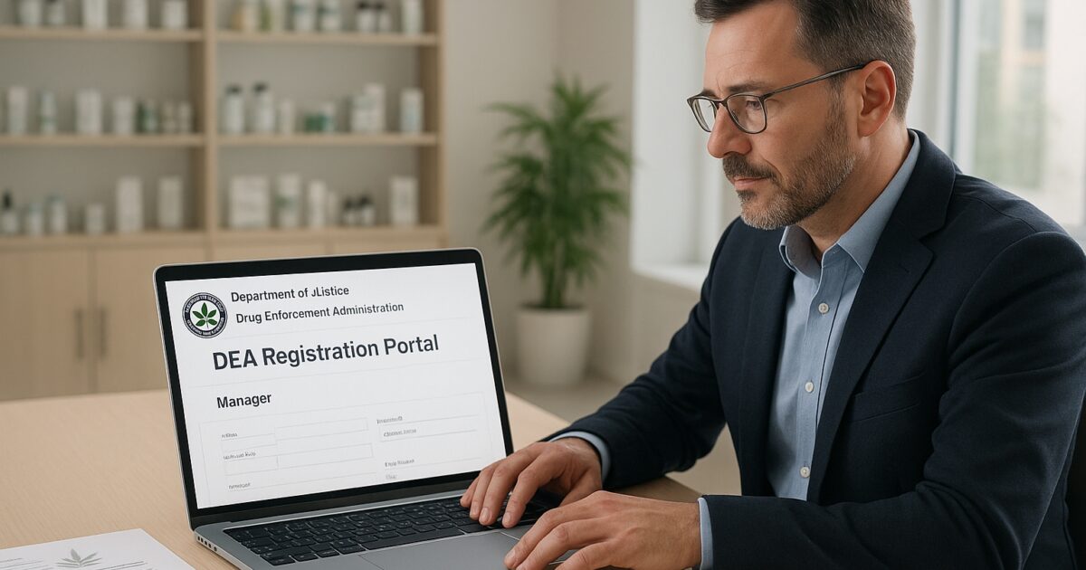 Företagsägare granskar DEA:s portal för medicinsk cannabis på en laptop