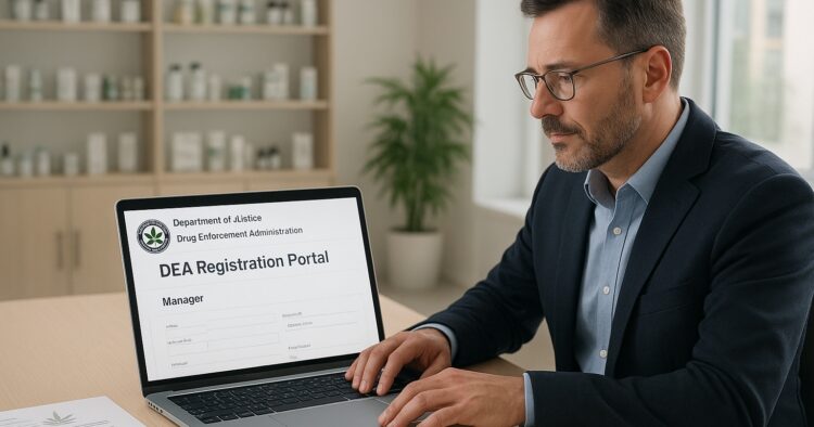 Företagsägare granskar DEA:s portal för medicinsk cannabis på en laptop