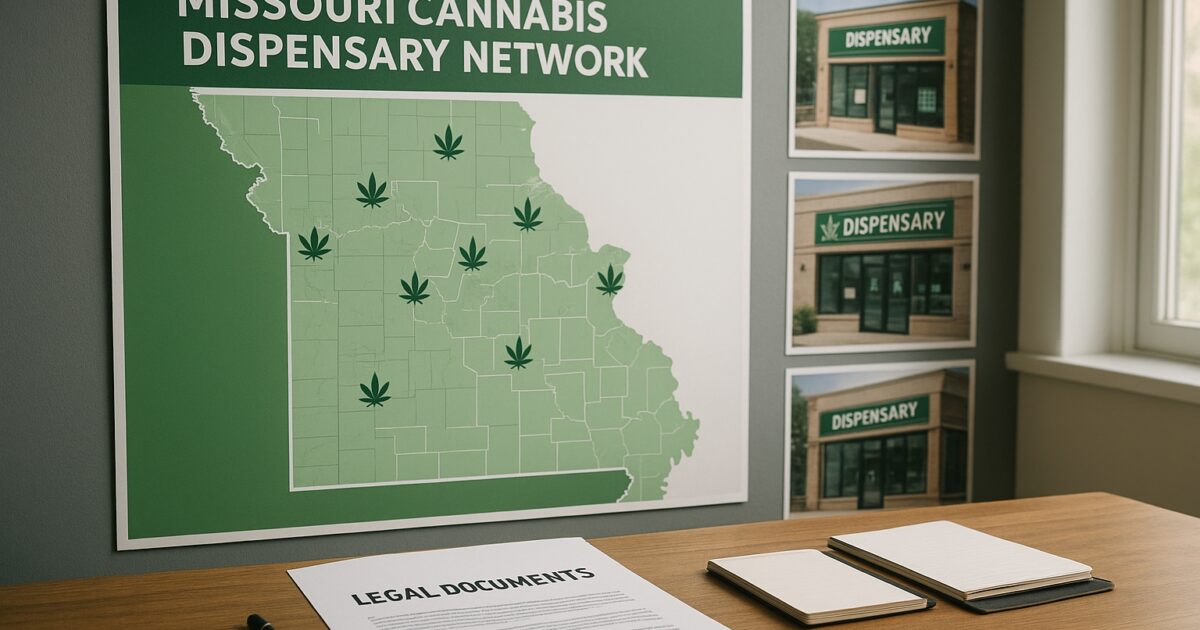 Karta över Missouris cannabismarknad med dispensärer och juridiska dokument