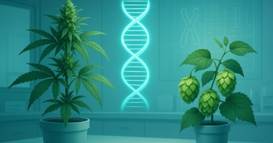 Cannabis och humle med DNA-spiral i bakgrunden