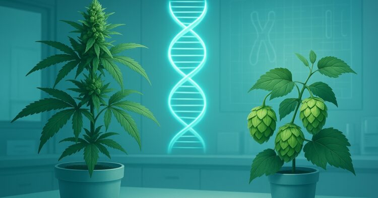 Cannabis och humle med DNA-spiral i bakgrunden
