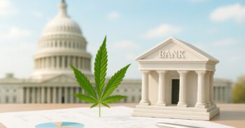 Cannabisblad framför amerikanska Capitol och bankbyggnad