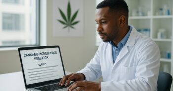 Forskare analyserar data om mikrodosering av cannabis i en modern universitetsmiljö.