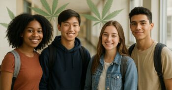 Tonåringar i en skolkorridor med subtil cannabis-symbolik i bakgrunden