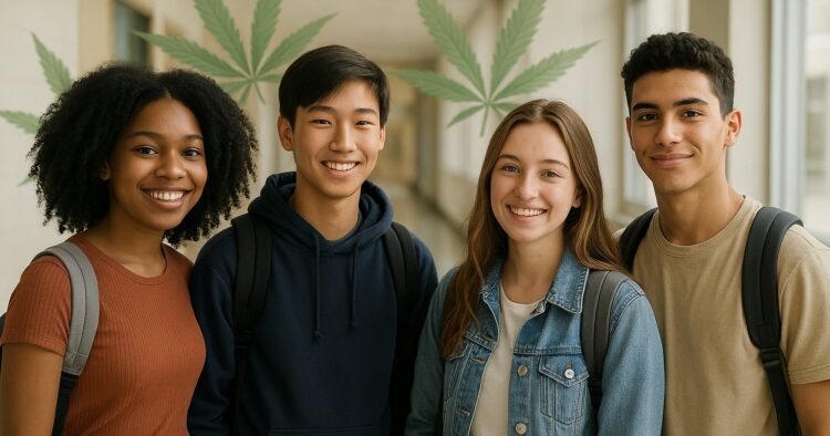 Tonåringar i en skolkorridor med subtil cannabis-symbolik i bakgrunden