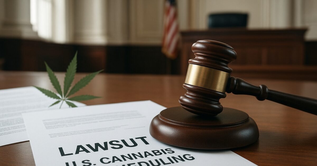 Domstolshammare och cannabisblad i juridisk miljö
