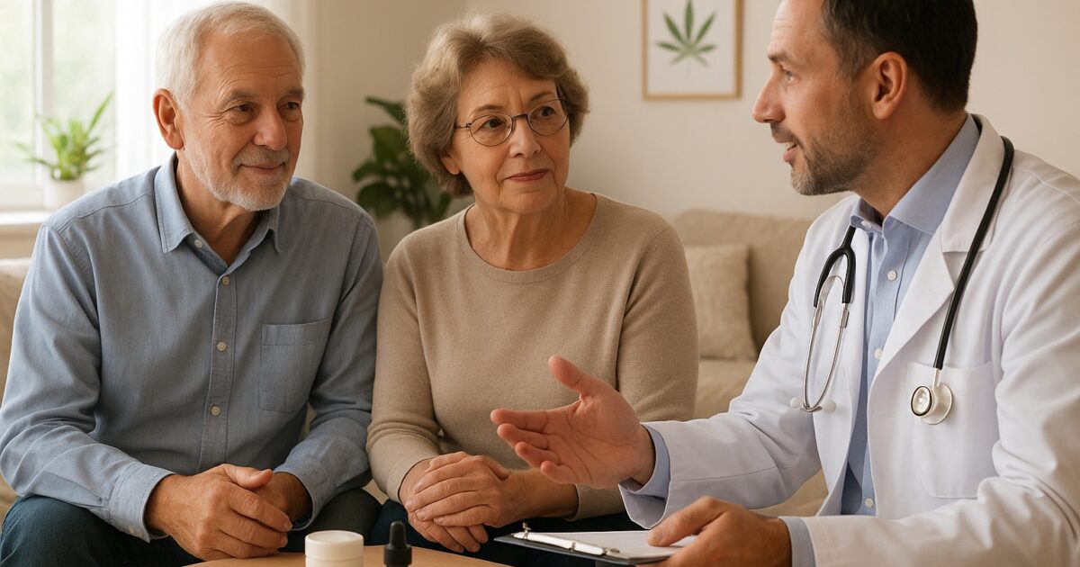 Äldre personer diskuterar CBD och cannabis för smärtlindring med läkare