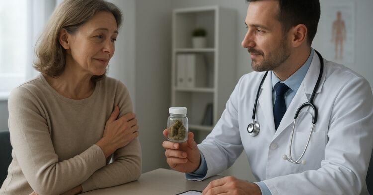 Läkare och patient diskuterar medicinsk cannabis i en klinik