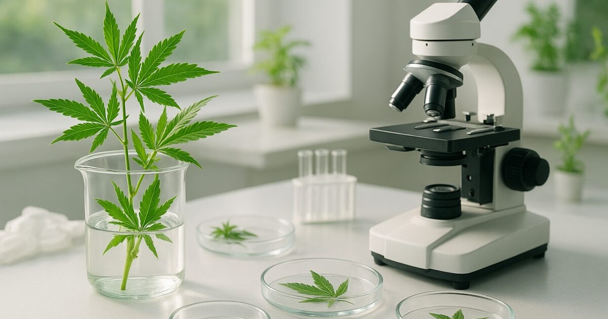 Laboratorium med cannabisstjälkar och forskningsutrustning