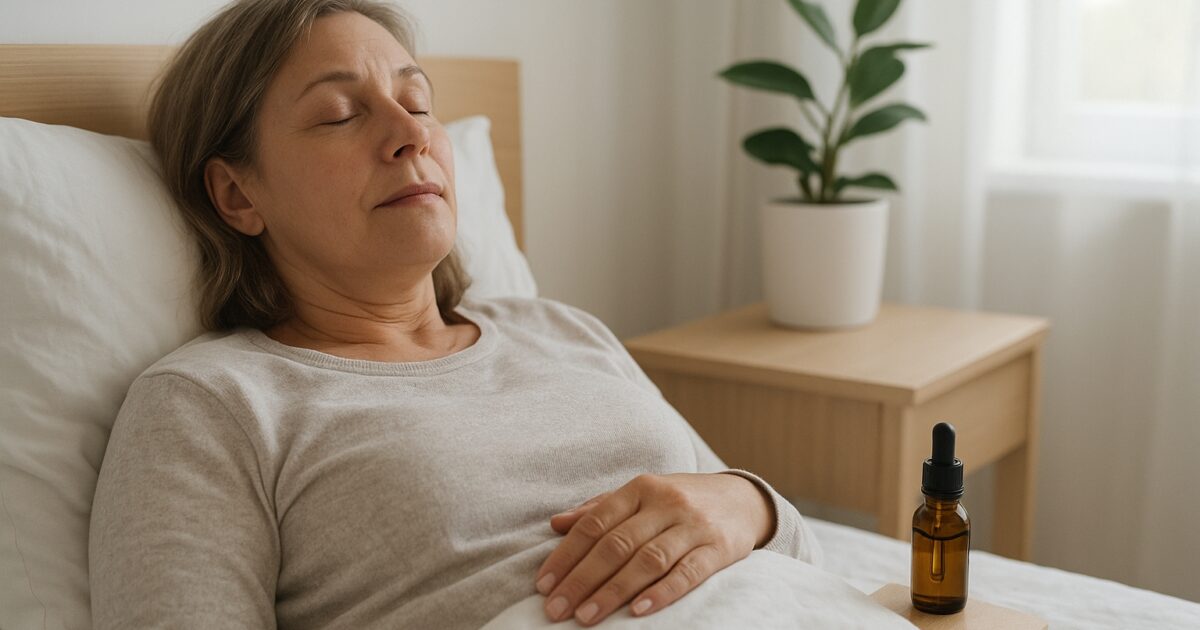 Patient med fibromyalgi och cannabisolja på nattduksbordet
