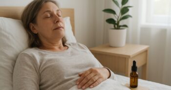 Patient med fibromyalgi och cannabisolja på nattduksbordet