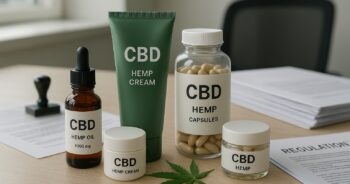 CBD-produkter på ett bord med dokument i bakgrunden