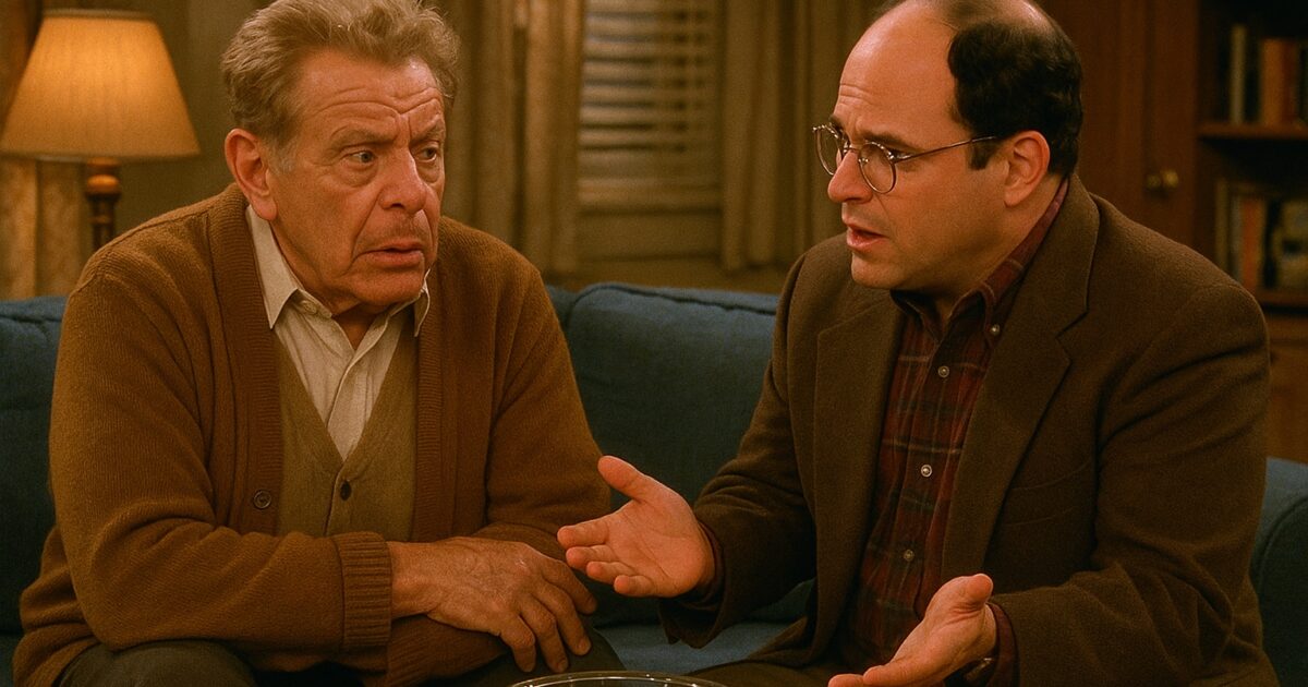 Frank Costanza i en retro sitcom-miljö med en medicinsk cannabisidé i bakgrunden
