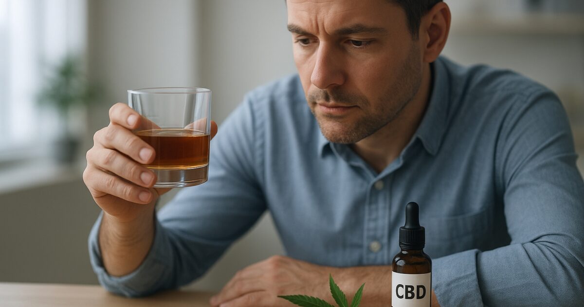 Vuxen person, alkohol, cannabisblad och CBD-flaska i en forskningsmiljö