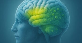 Illustration av hjärnan med markeringar för Alzheimers och CB1-receptorer.