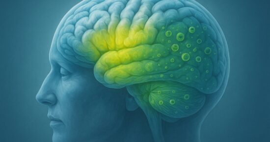 Illustration av hjärnan med markeringar för Alzheimers och CB1-receptorer.
