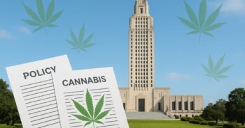 Louisianas delstatshus med cannabisblad och policyhandlingar