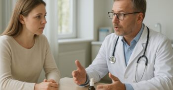 Patient och läkare diskuterar cannabisbaserad behandling i svensk vårdmiljö