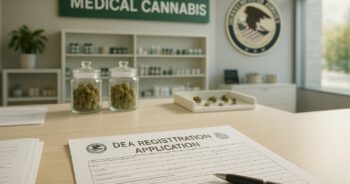Medicinsk cannabisanläggning med registreringspapper och juridisk känsla