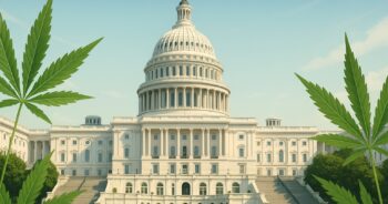 U.S. Congress building med diskreta cannabisblad i förgrunden