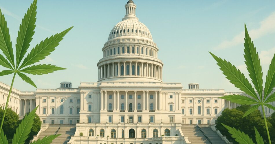 U.S. Congress building med diskreta cannabisblad i förgrunden