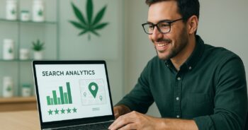 Dispenärägare analyserar AI-sök och lokal synlighet på en laptop.