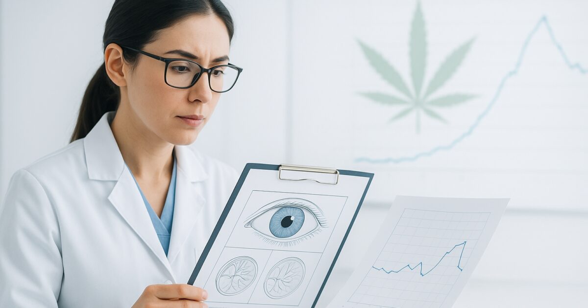 Forskare granskar ögontryck och THC-data i en medicinsk studie.