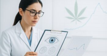 Forskare granskar ögontryck och THC-data i en medicinsk studie.