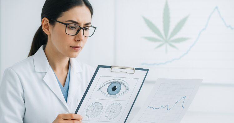Forskare granskar ögontryck och THC-data i en medicinsk studie.