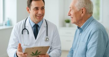 Läkare och äldre patient diskuterar cannabinoidbehandling i klinik