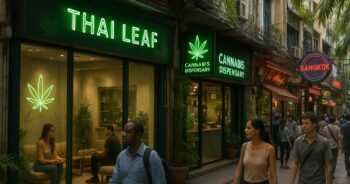 Cannabisbutik i Bangkok med turistmiljö och moderna skyltar